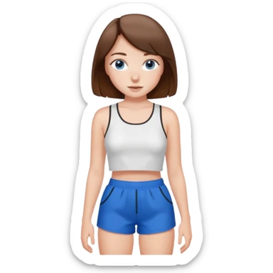 Brown haired girl with bob and blue eyes and freckles and white crop top and black shorts sticker