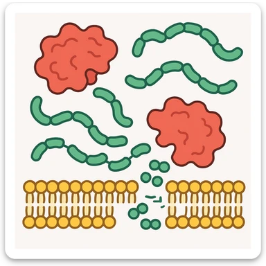 Ultra-detailed scientific illustration of enzyme digestion: Red amylase molecules (3D, globular protein structure) breaking down green starch polymers (chain of glucose units) into maltose near a yellow phospholipid bilayer membrane. Macro molecular view, clean white background, no text, no human figures or cartoon characters. Purely biological focus. sticker