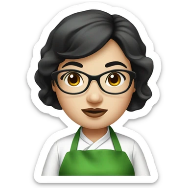 chubby lady with black hair and big eyes green apron  with glasses cooking  sticker