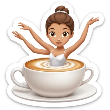 Ballerina dancer emerging from cappuccino foam, graceful pose, coffee cup sticker