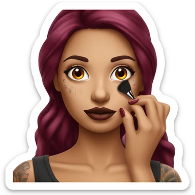 Beautiful tattooed burgundy long haired woman doing her makeup sticker