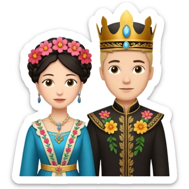 the most handsome young man in the world and the Queen of the Huerta 2024 in Murcia, both wearing traditional costumes with floral details sticker