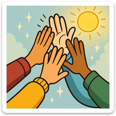 cartoon hands from multiple people meeting in a high-five, with a sun and sparkles, symbolizing team spirit and morning joy, bright and colorful cartoon style sticker