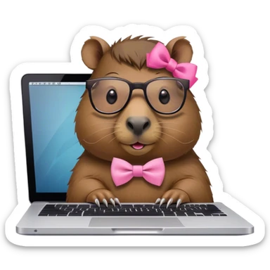 capivara de óculos e laço cor de rosa mexendo no macbook sticker
