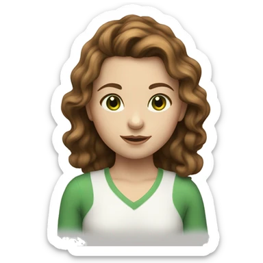 A girl with brown wavy hair, green eyes and white skin sticker
