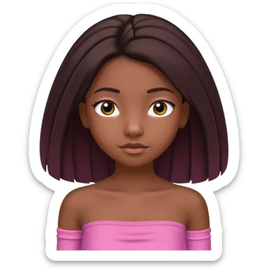 A black 12 yr old girl brushing her shoulder length hair, doe eyes, almond eyes pink tube top and black hair like the 3rd. The first one but hair straight and long and close to body sticker