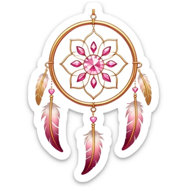 Reddish-pinkish and gold and white warm-colored romantic lush beautiful pretty hanging crystal-catcher aesthetic with hearts and sparkles and feathers sticker