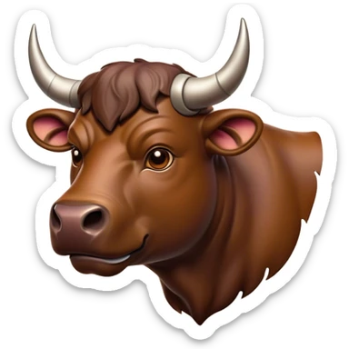 Cinematic Noble Brown Bull Portrait Emoji, Poised and regal, with a massive, muscular build and a sleek, well-groomed rich brown hide, deep-set soulful dark eyes, Simplified yet sharp and sophisticated features, highly detailed, glowing with a soft, dignified glow, high shine, intelligent and formidable, stylized with an air of strength, focused and attentive, soft glowing outline, capturing the essence of a watchful and confident guardian, so majestic it feels as though it could charge out of the screen with effortless authority! sticker