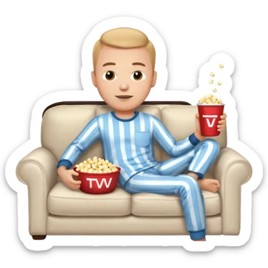 male memoji, lazy man in pajamas, lying on couch, holding TV remote, relaxed face, casual home vibe, popcorn bucket, watch tv sticker