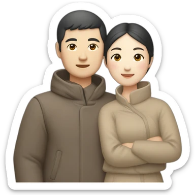Chinese couple in Muji outfit hugging sticker