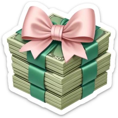 Neat money stack tied with a blush satin bow, muted green bills, soft luxury rich sticker