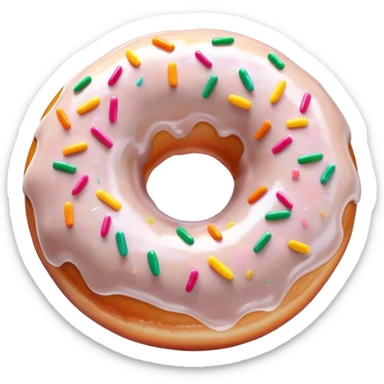 Cinematic Realistic Donut Dessert Emoji, depicted as a fluffy glazed donut with colorful sprinkles rendered with detailed textures and playful, warm lighting. sticker