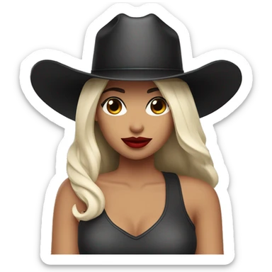 Woman with big red lips hazel eyes white skin black straight hair and a cowboy hat  sticker