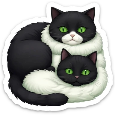Big black cat with green eyes is sleeping with the small white cat sticker
