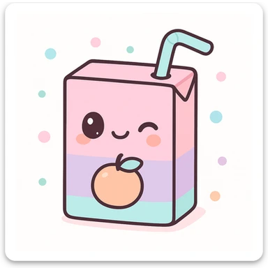 kawaii style juice box with a winking face, fruit illustration, and playful straw, pastel colors sticker