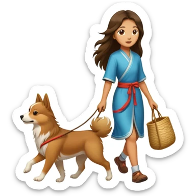 A long-haired girl walking a Chinese rural dog sticker
