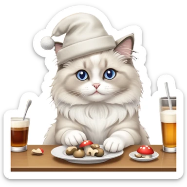 A ragdoll cat eating mushrooms in a bar sticker