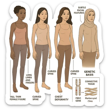 Create a scientific poster version of the image highlighting Marfan syndrome in a diverse group of women (Black, Asian, Latina, Middle Eastern). Show tall, thin female figures with long limbs and fingers, curved spine, chest deformity, and subtle facial features. Include precise anatomical labels on the figures. Add a section illustrating the genetic basis of Marfan syndrome with a labeled diagram of the FBN1 gene and its role in connective tissue, plus a brief explanatory caption. Use a clean, professional layout with a white background for optimal label readability, suitable for a scientific poster. sticker