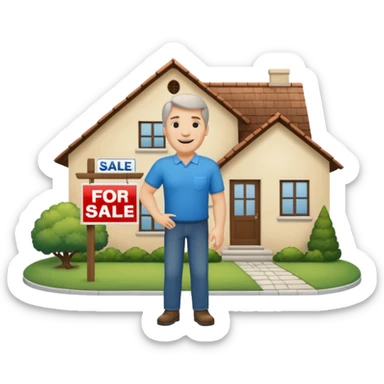 emoji de bienes y raices, un hombre y una casa en "venta for sale" sin sol sticker