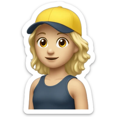 Short blond hear with fischer cap and sport wear sticker