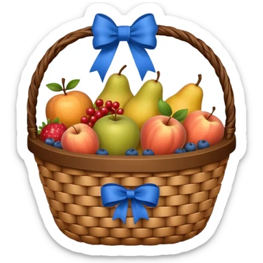 A basket with a blue ribbon on the handle sticker