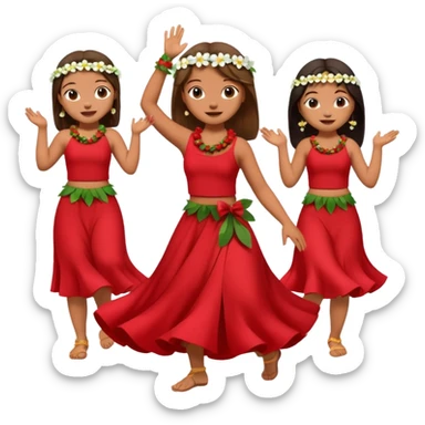 Lilo from Lilo & Stitch in a red dress with white flowers dancing hula with her friends, apple style emoji sticker