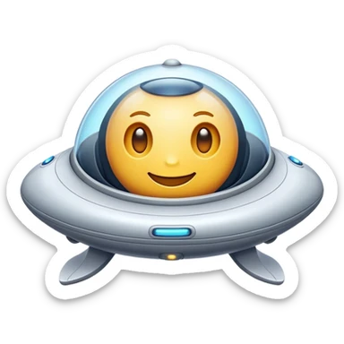 Design a simple, friendly spaceship with a smooth, rounded shape. Add a clear 'face' on the front using glowing lights for eyes and a curved line for a smile, giving it personality. Use a plain background to keep the focus on the ship sticker