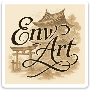 The words 'Env Art' in a calligraphic style, with a stylized Shinto shrine in the background, elegant and artistic, balanced layout. sticker