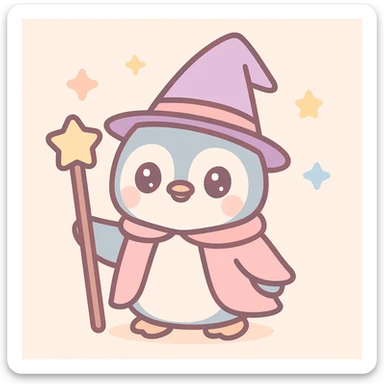 a penguin dressed as a wizard, with a pointy hat and a magic staff, in a charming, colorful kawaii style sticker