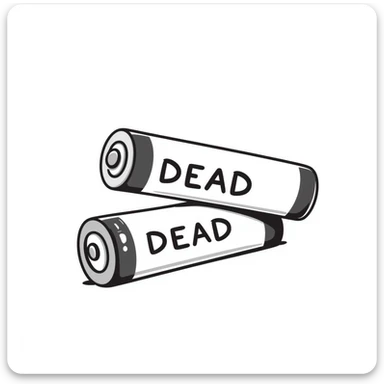 Two dead batteries stacked on top of each other, depleted, empty power sticker
