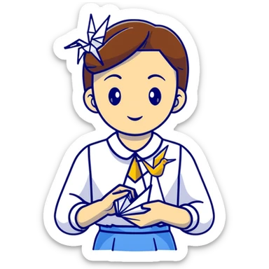 A Ukrainian young girl wearing a white embroidered shirt holds an origami yellow-blue crane sticker