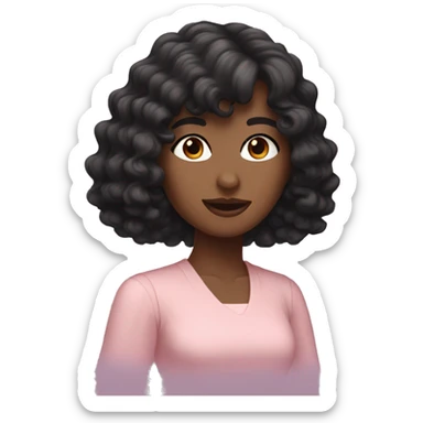 White woman with long black curly hair and bangs and dark brown eyes, wearing a pastel pink dress sticker