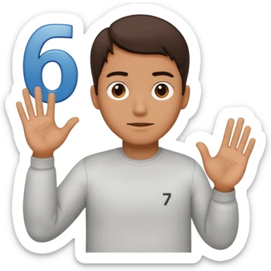 ￼ man shrugging his shoulders with six in his left hand and seven in his right sticker