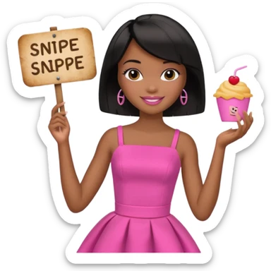 Black barbie, short  black bob  hair, pink dress eating with a sign that says snipe sticker