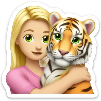 A blonde white girl with green eyes in pink hugs an orange tiger sticker