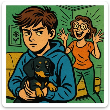 A modern day teenager with brown hair wearing a blue hoodie with a black and tan puppy dachshund in a green living room with a happy crazy mum with brown hair wearing big glasses in the background sticker