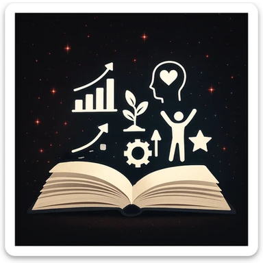 open book with red and dark blue sparkles, black background, life improvement elements in white sticker