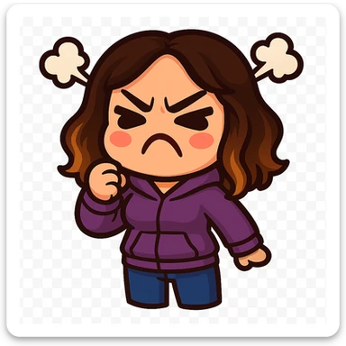 Sticker style chibi emote, matching the attached green heart emote as a base, but with a slightly skinnier body and a bigger chest. Woman from reference, purple hoodie and blue jeans, angry with steam puffs, cute angry face, no headband, no wand, transparent background. Top color should not match jeans. sticker