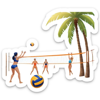 A volleyball resting on the orange sand of a beach, with a volleyball net in the background. The scene includes a beautiful beach landscape with blue sea, sky, and palm trees, while a couple of women in swimsuits play in the distance, capturing the relaxed yet competitive vibe of beach volleyball. sticker