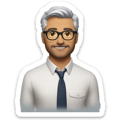 Memoji of Andrew Huberman Silver fox, tortoiseshell glasses, crisp button-downs, muscular sticker