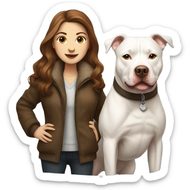 white woman with long brown hair in a furry jacket standing alongside a white pitbull sticker