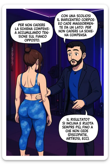 fai questa immagine in versione manga/webtoon a colori, il manga mostra la donna di spalle, mentre l'uomo le tocca la spina dorsale per spiegarle come funziona la scoliosi:
Con una scoliosi il baricentro corporeo cade maggiormente da un lato; per non cadere la schiena compensa accumulando tensione sul fianco opposto.
Il risultato? Si inclina e ruota sempre più, fino a che non cede (discopatie, artrosi, ecc) sticker