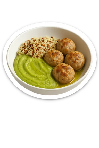 bowl bianca fluttua in aria con polpette di tacchino, purè di zucchine, quinoa e olio di oliva, iperrealistico 4k sticker