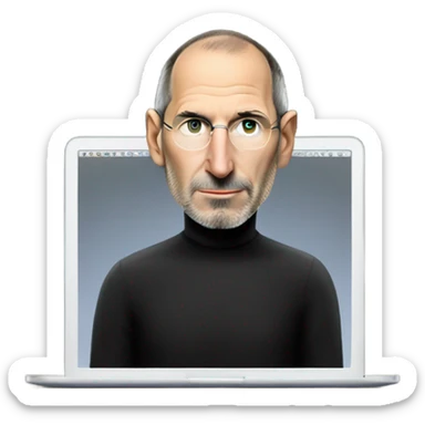 Steve Jobs wearing a black turtleneck using a MacBook. facing forward sticker