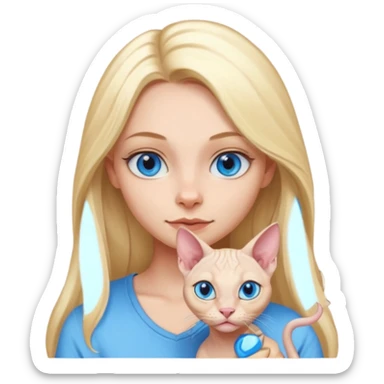 blonde girl with long hair and blue eyes and a sphynx cat sitting together, emoji style sticker