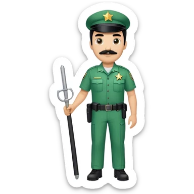 Chill guy in correctional officer green uniform. Full body. Black hair black mustache.  Light brown skin tone. Star badge. With duty belt and baton. sticker