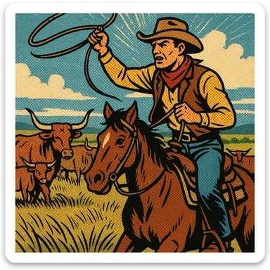 An American West cowboy on his horse on a cattle drive.  In the background are texas longhorn cattle and the grasslands of the Great Plains. sticker