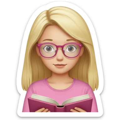 long hair blonde girl pink top with glasses reading sticker