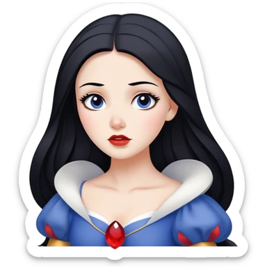 Cinematic Serene Snow White Portrait Emoji, rendered in a simplified vector style. Depict a gentle Snow White (chest and above) with flawless porcelain skin and flowing raven hair, her kind eyes and calm expression exuding a quiet, enchanting charm. The image glows softly with an inviting, pure light and is outlined with a subtle glow. sticker