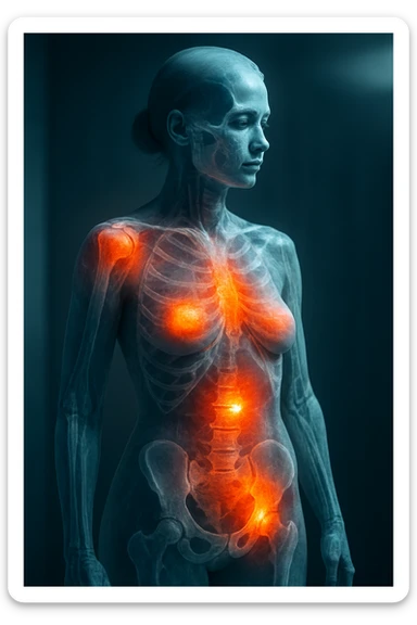 3D medical scanner view of female body with realistically highlighted inflamed areas in red and orange, anatomical details, dramatic clinical lighting, medical atmosphere, 2:3 aspect ratio sticker